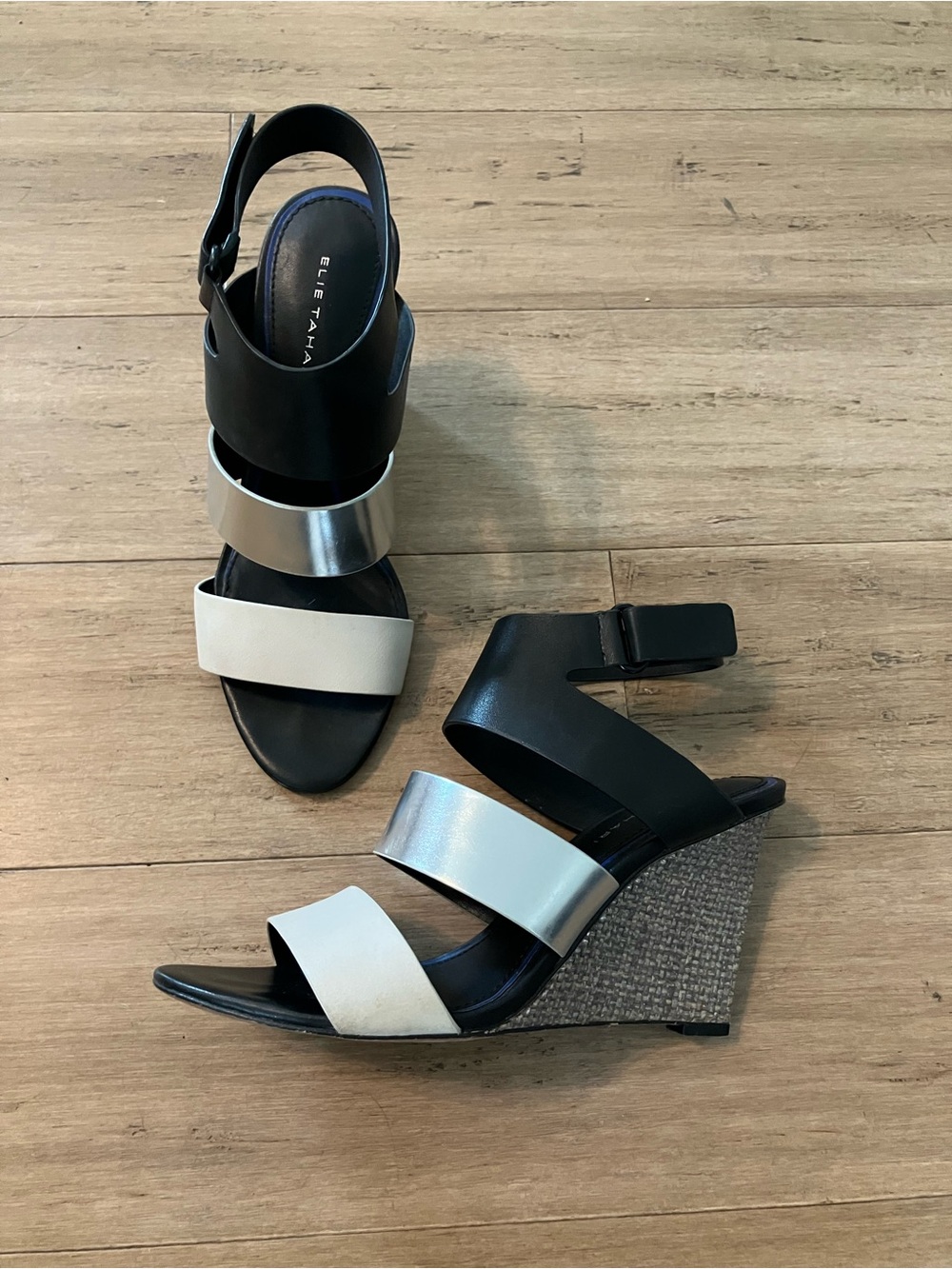 Elie Tahari leather black/silver ankle strap wedge heels. Size 38/7.5